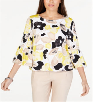 Alfani Women's Printed Smock Sleeve Bubble Top Yellow Size Petite Medium