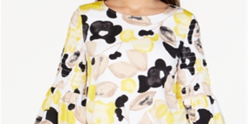 Alfani Women's Printed Smock Sleeve Bubble Top Yellow Size Petite Medium