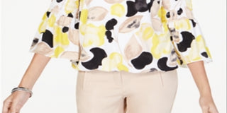 Alfani Women's Printed Smock Sleeve Bubble Top Yellow Size Petite Medium