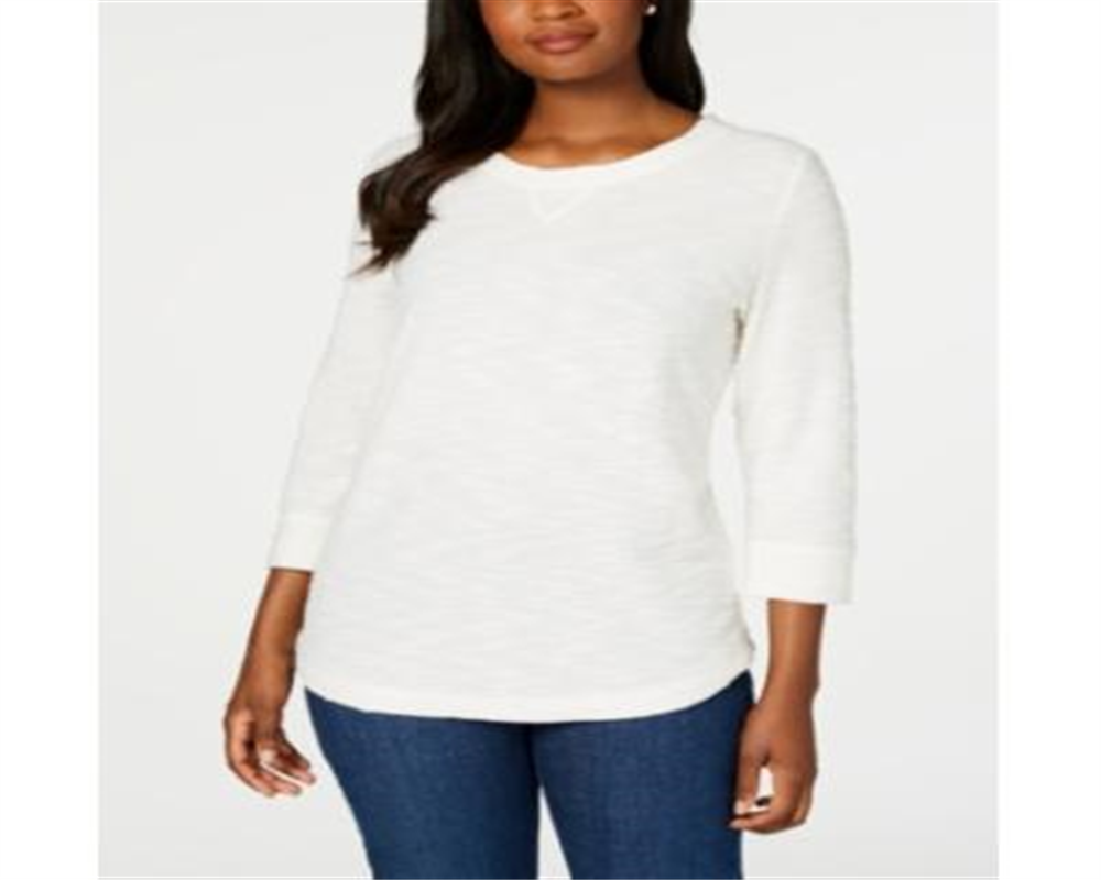 Karen Scott Women's Space Dye 3/4 Sleeve Top White Size Petite L