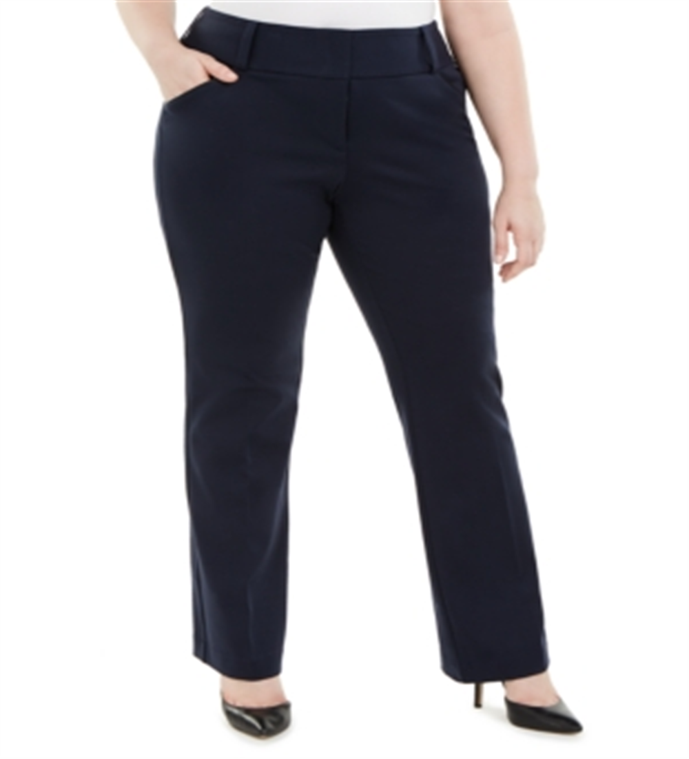 Alfani Women's Plus Tummy Control Faux Leather Trim Trousers Navy Size 26W
