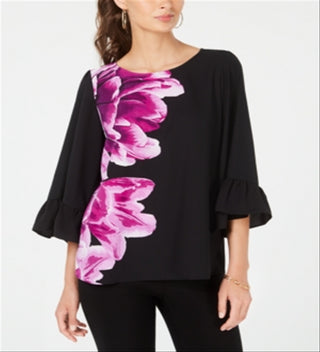 Alfani Women's Bell Sleeve Floral Print Top Purple Size Petite Large