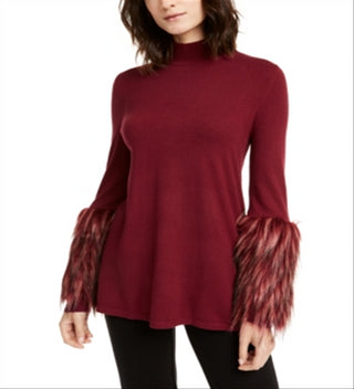 Alfani Women's Faux Fur Cuff Mock Neck Tunic Sweater Red Size Petite X-Small