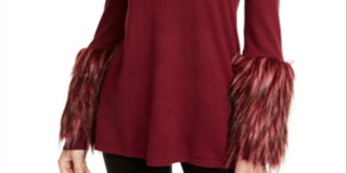 Alfani Women's Faux Fur Cuff Mock Neck Tunic Sweater Red Size Petite X-Small