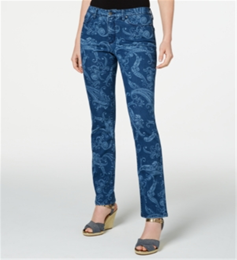 Charter Club Women's Printed Lexington Straight Leg Jeans Blue Size 14 Petite