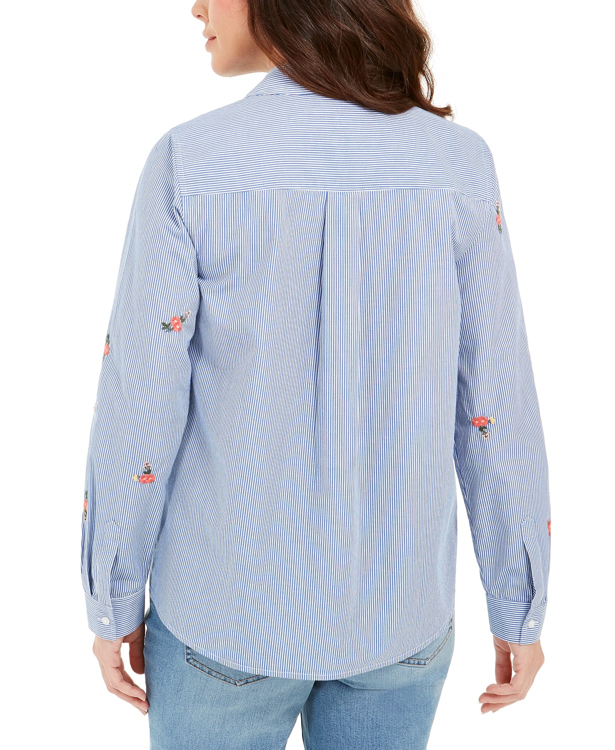 Charter Club Women's Cotton Embroidered Striped Shirt Blue - White  Size Petite Medium