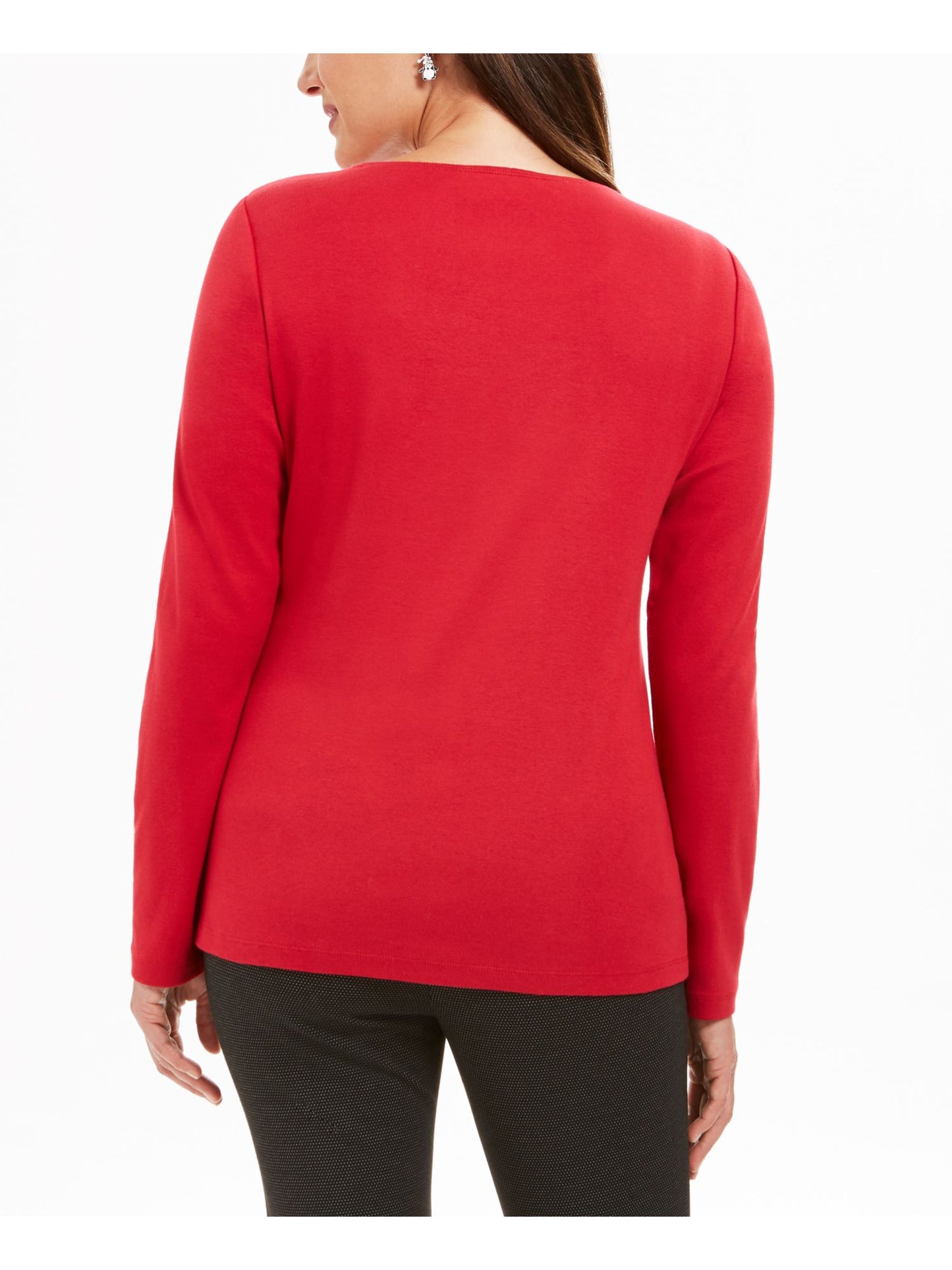 Karen Scott Women's Embellished Graphic Long Sleeve Scoop Neck Top Red Size Petite Large