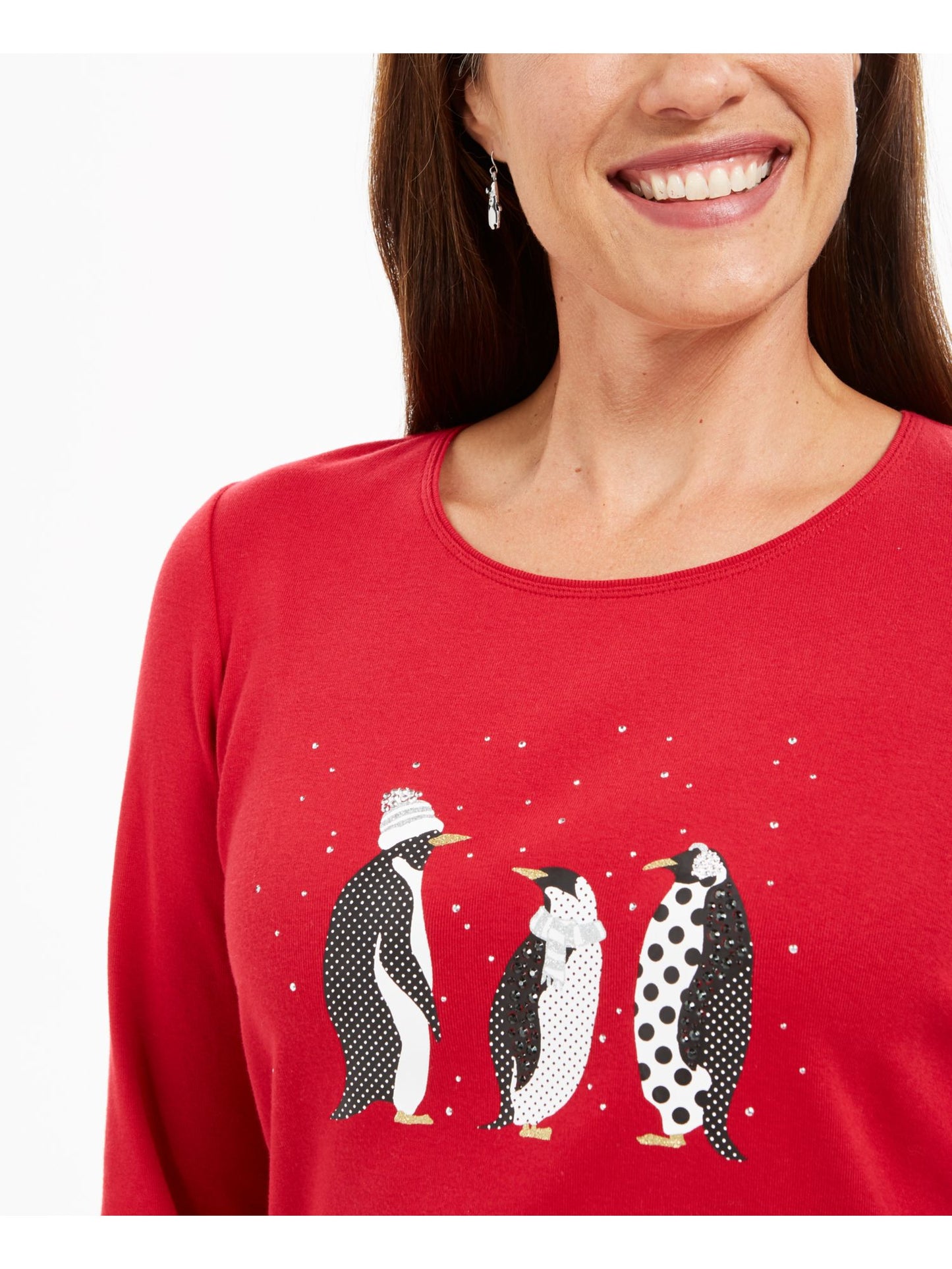 Karen Scott Women's Embellished Graphic Long Sleeve Scoop Neck Top Red Size Petite Large
