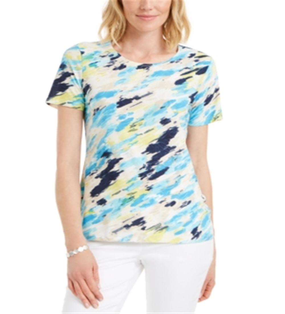 JM Collection Women's Printed Crewneck T-Shirt Blue Size X-Small