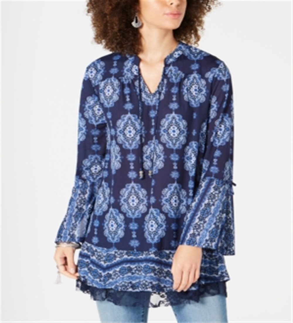 Style & Co Women's Printed Lace TrimBell Sleeve Tunic Top Blue Size X-Small