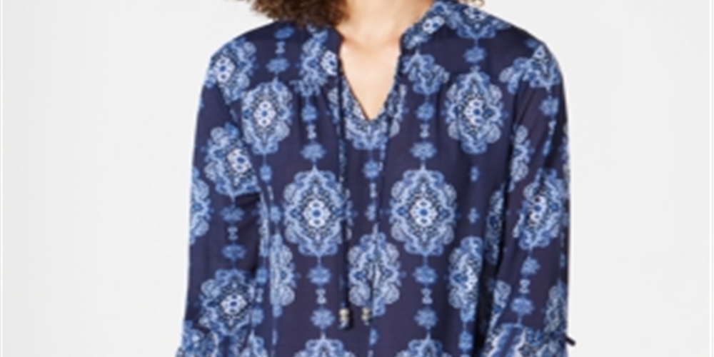 Style & Co Women's Printed Lace TrimBell Sleeve Tunic Top Blue Size X-Small