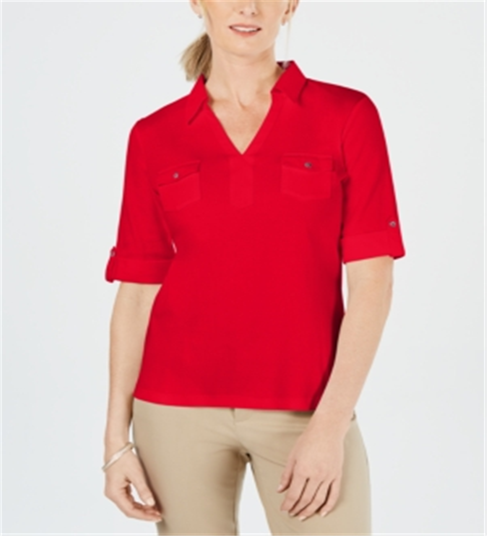 Karen Scott Women's Cotton Johnny Collar Top Red Size Large