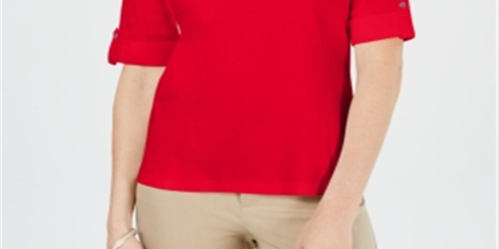 Karen Scott Women's Cotton Johnny Collar Top Red Size Large