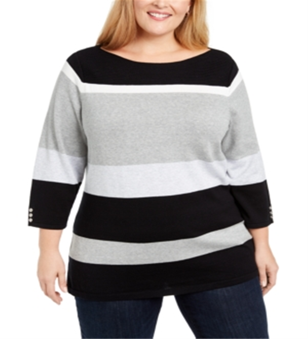 Karen Scott Women's Striped Ballet Neck Cotton Sweater Black Size 3X