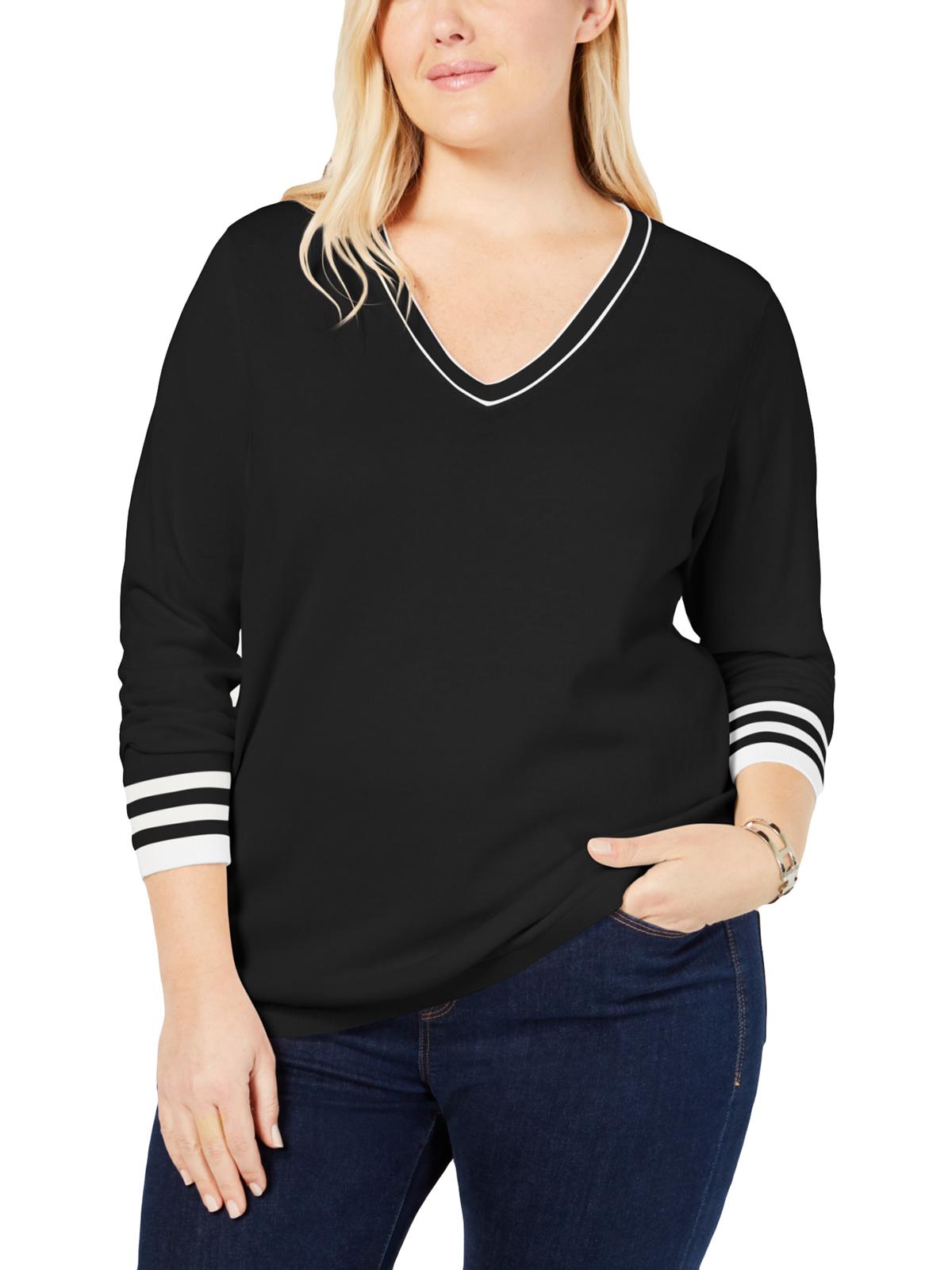 Tommy Hilfiger Women's Plus Cotton V Neck Sweater Black Size 1X
