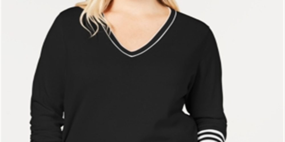 Tommy Hilfiger Women's Plus Cotton V Neck Sweater Black Size 1X