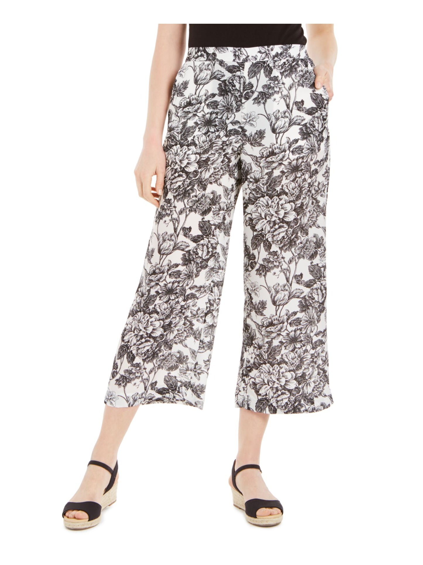 Charter Club Women's Pocketed Cropped Pull on Mid rise Printed Wide Leg Pants White Size XX-Large