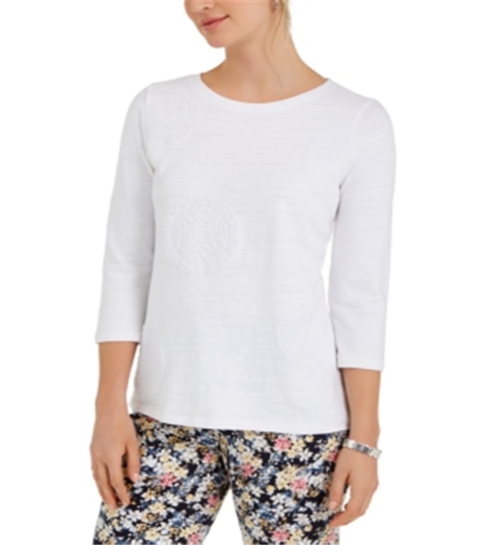 Charter Club Women's 3/4 Sleeve Printed Top White Size Large