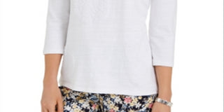 Charter Club Women's 3/4 Sleeve Printed Top White Size Large