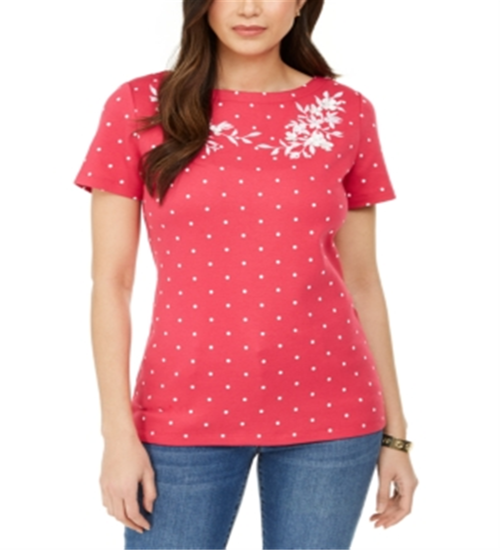 Karen Scott Women's Printed Embroidered Boat Neck Cotton Top Pink Size Small