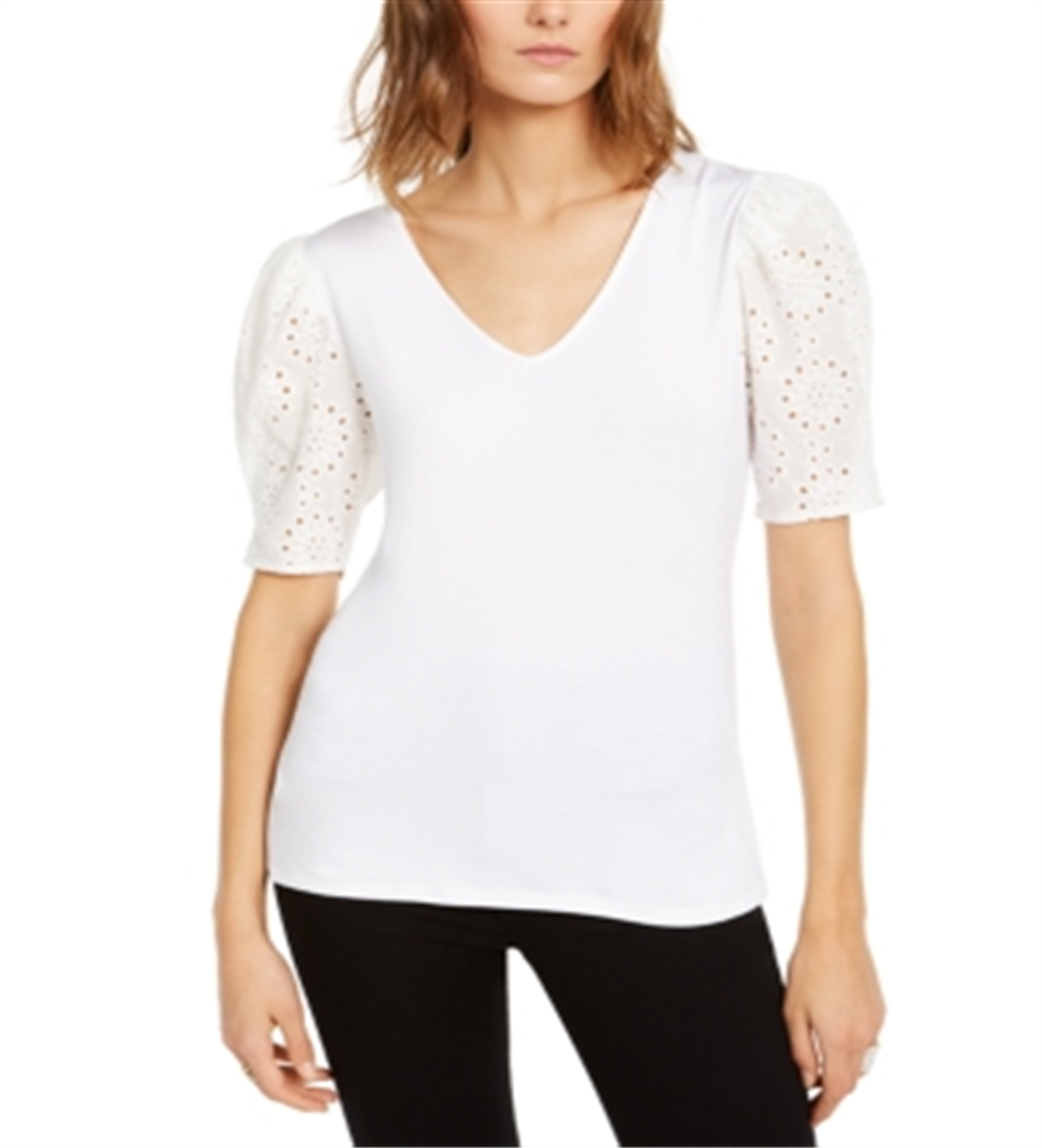 INC International Concepts Women's Eyelet Puff-Sleeve Top White Size X-Small