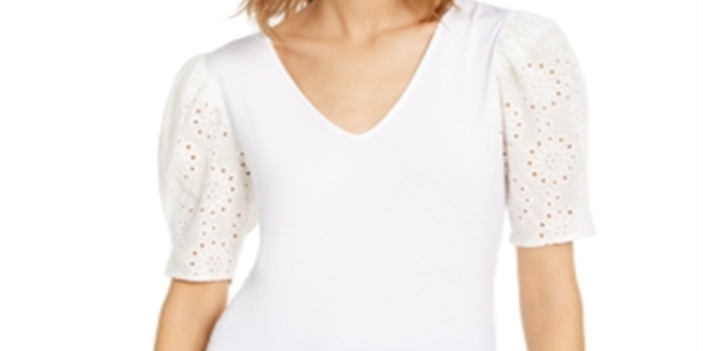 INC International Concepts Women's Eyelet Puff-Sleeve Top White Size X-Small