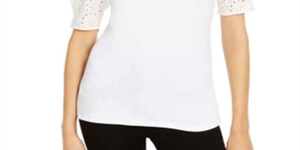 INC International Concepts Women's Eyelet Puff-Sleeve Top White Size X-Small