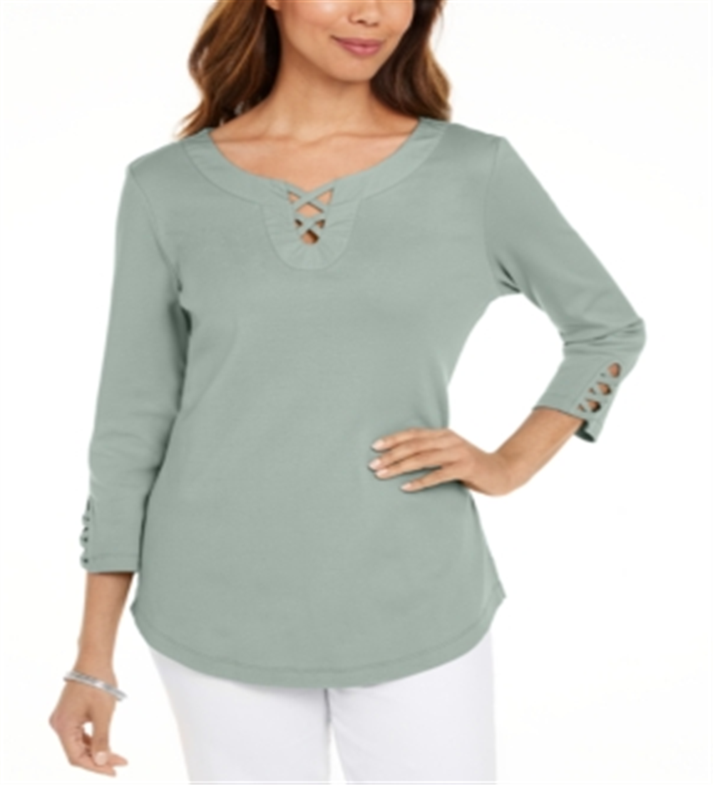 Karen Scott Women's Cotton Lace up T-Shirt Aqua Chill Size Small