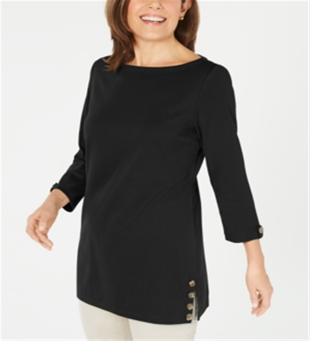 Karen Scott Women's Button Side 3/4 Sleeve Cotton Top Black Size Small