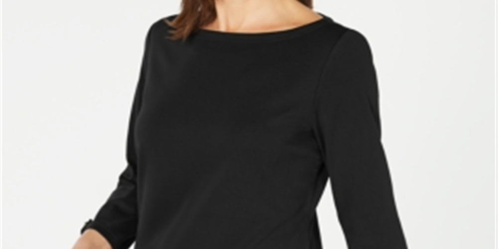 Karen Scott Women's Button Side 3/4 Sleeve Cotton Top Black Size Small