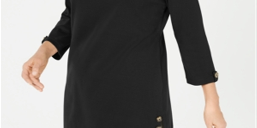 Karen Scott Women's Button Side 3/4 Sleeve Cotton Top Black Size Small
