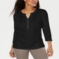 Karen Scott Women's Lace Front Henley Top Black Size Medium