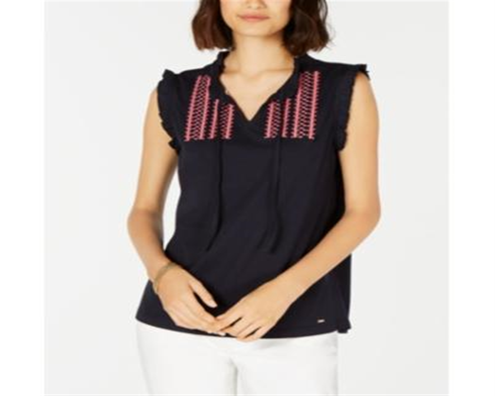 Tommy Hilfiger Women's Embroidered Tie Neck Tank Top Navy Size XX-Large