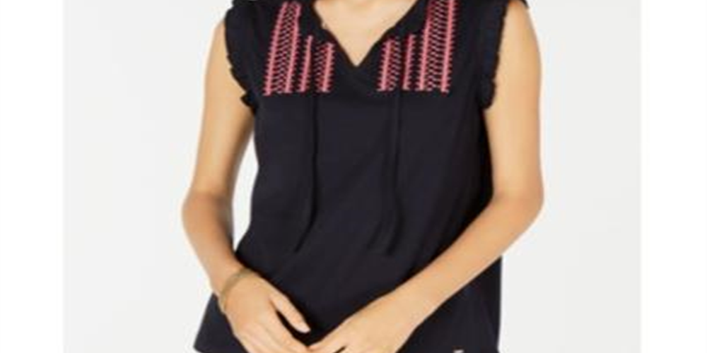 Tommy Hilfiger Women's Embroidered Tie Neck Tank Top Navy Size XX-Large