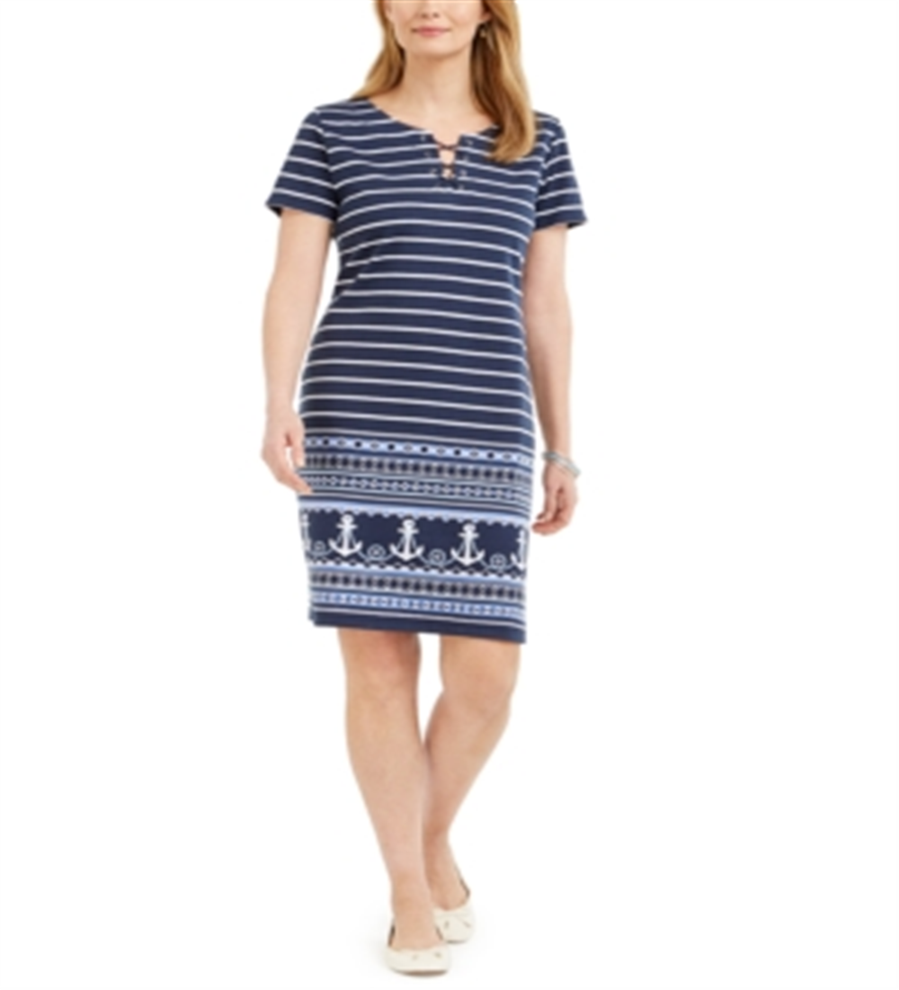 Karen Scott Women's Lace up Split Neck Dress Blue Size Small