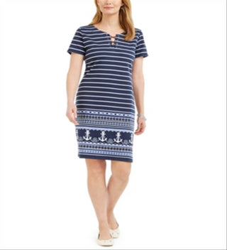 Karen Scott Women's Lace up Split Neck Dress Blue Size Small