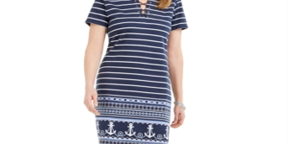 Karen Scott Women's Lace up Split Neck Dress Blue Size Small