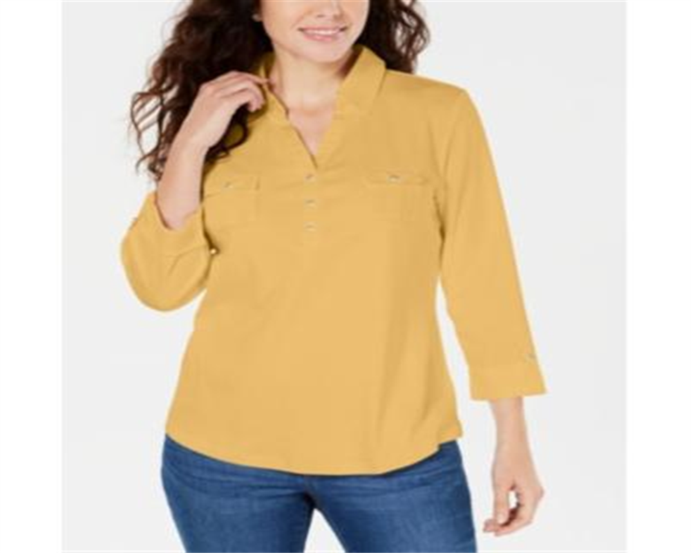 Karen Scott Women's Cotton Johnny Collar Utility Shirt Yellow Size Small