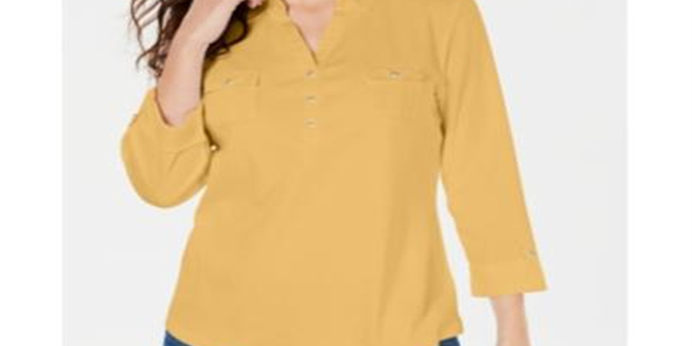 Karen Scott Women's Cotton Johnny Collar Utility Shirt Yellow Size Small