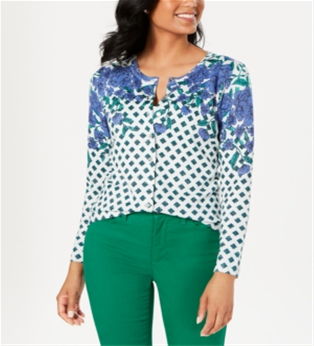 Charter Club Women's Floral Print Sparkle Cardigan Combo White / Green Size Medium
