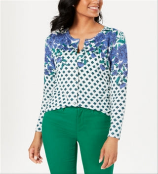 Charter Club Women's Floral Print Sparkle Cardigan Combo White / Green Size Medium