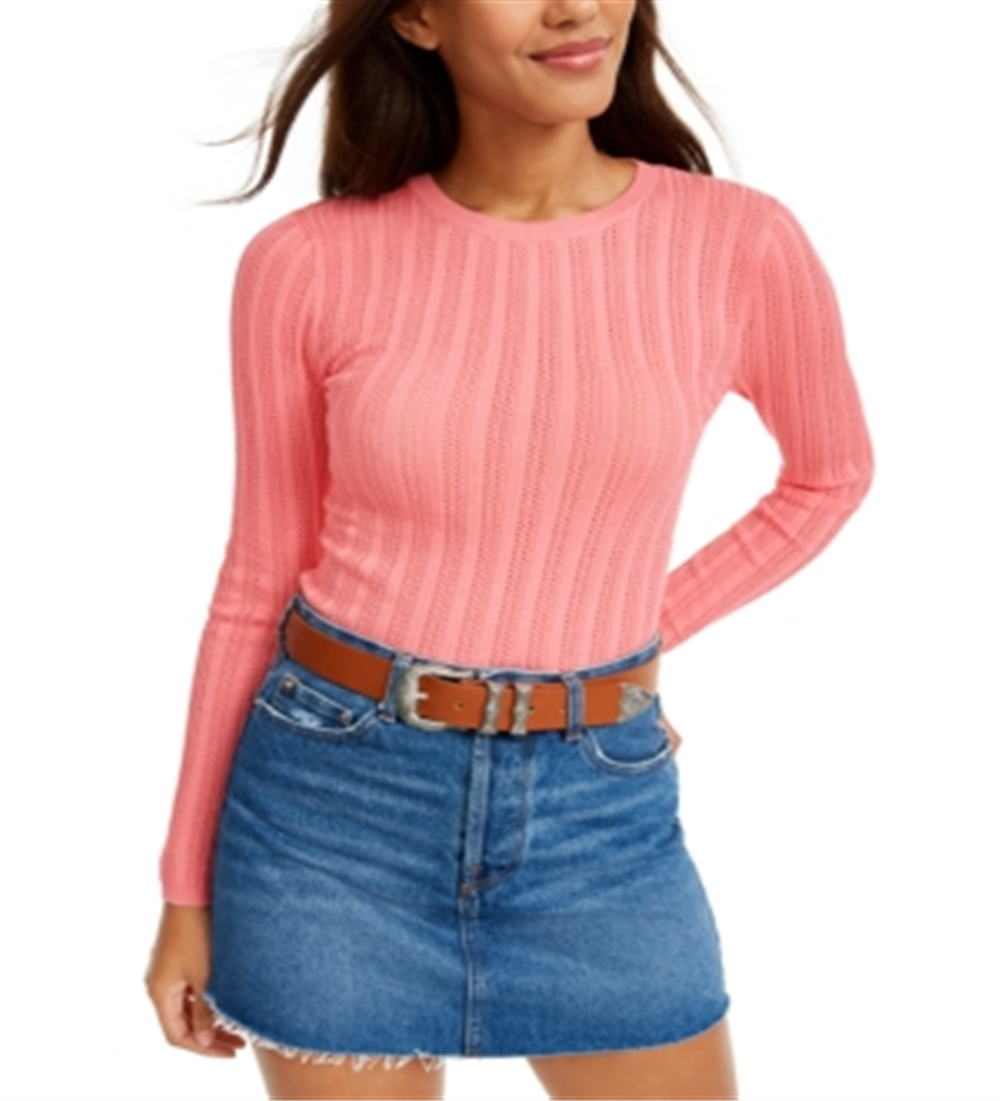 Hooked Up By IOT Junior's Pointelle Sweater Pink Size Small