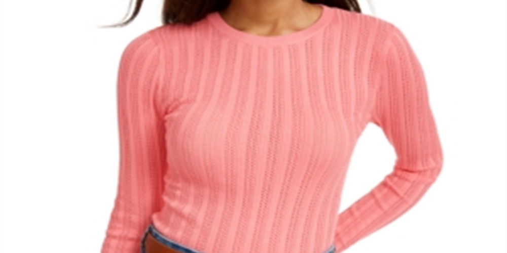 Hooked Up By IOT Junior's Pointelle Sweater Pink Size Small