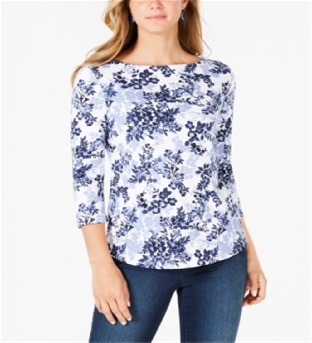 Charter Club Women's Pima Cotton Combo Print Top Floral Blue Size Large