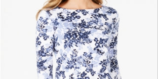Charter Club Women's Pima Cotton Combo Print Top Floral Blue Size Large