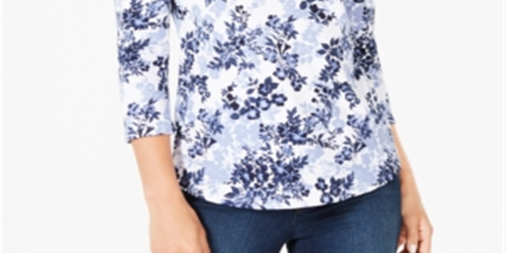 Charter Club Women's Pima Cotton Combo Print Top Floral Blue Size Large