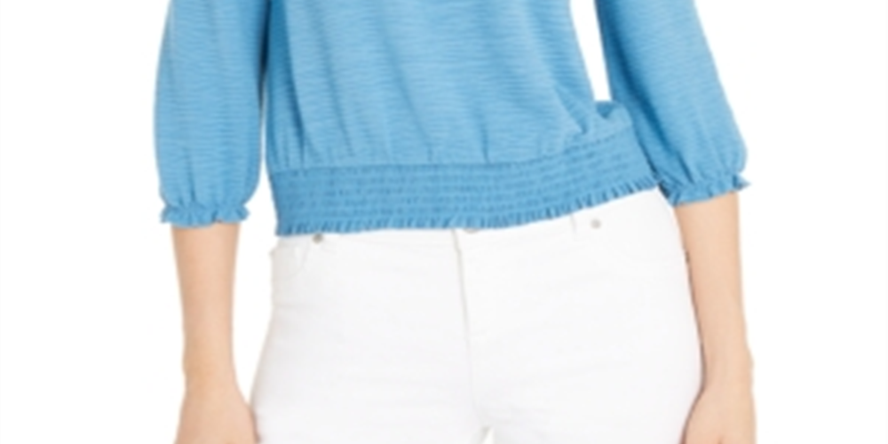 INC International Concepts Women's Off the Shoulder Crinkled Peasant Top Blue Size X-Large