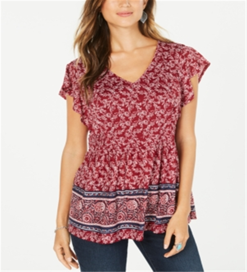 Style & Co Women's Flutter Sleeve Printed Peplum Top Red Size Petite