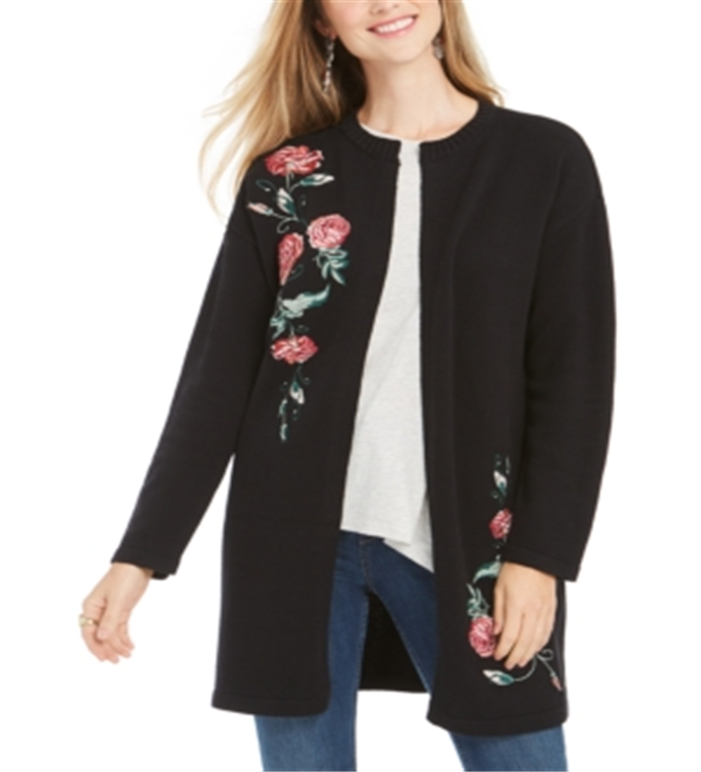 Style & Co Women's Embroidered Sweater Jacket Black Size Small