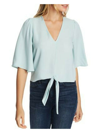 1.STATE Women's Tie Front V Neck Blouse Green Size Small